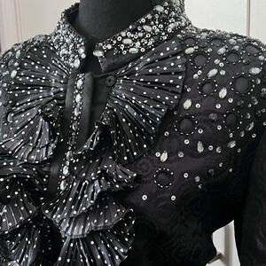 Vintage Black Beaded Skirt Suit Womens Formal Evening Occasion Ruffle Jacket Set